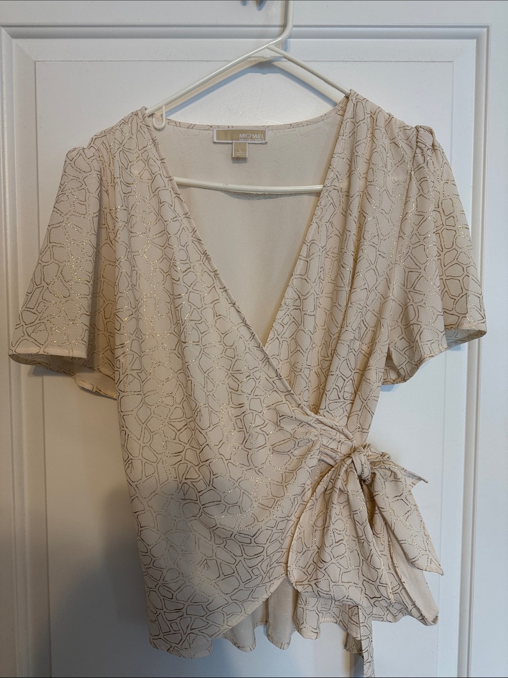 Michael Kors Beige Wrap Top with Metallic Accents